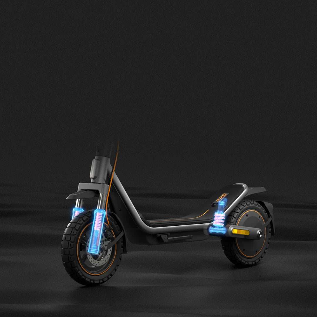 Električni romobil Xiaomi 6 Pro s prikazom prednjeg i stražnjeg sustava amortizacije