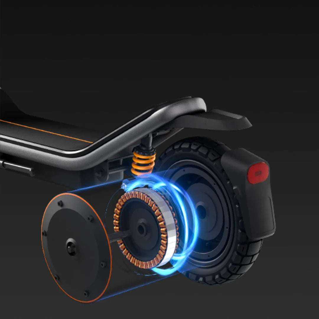 Prikaz elektromotora stražnjeg kotača električnog romobila Xiaomi 6 Pro s narančastim ovjesom