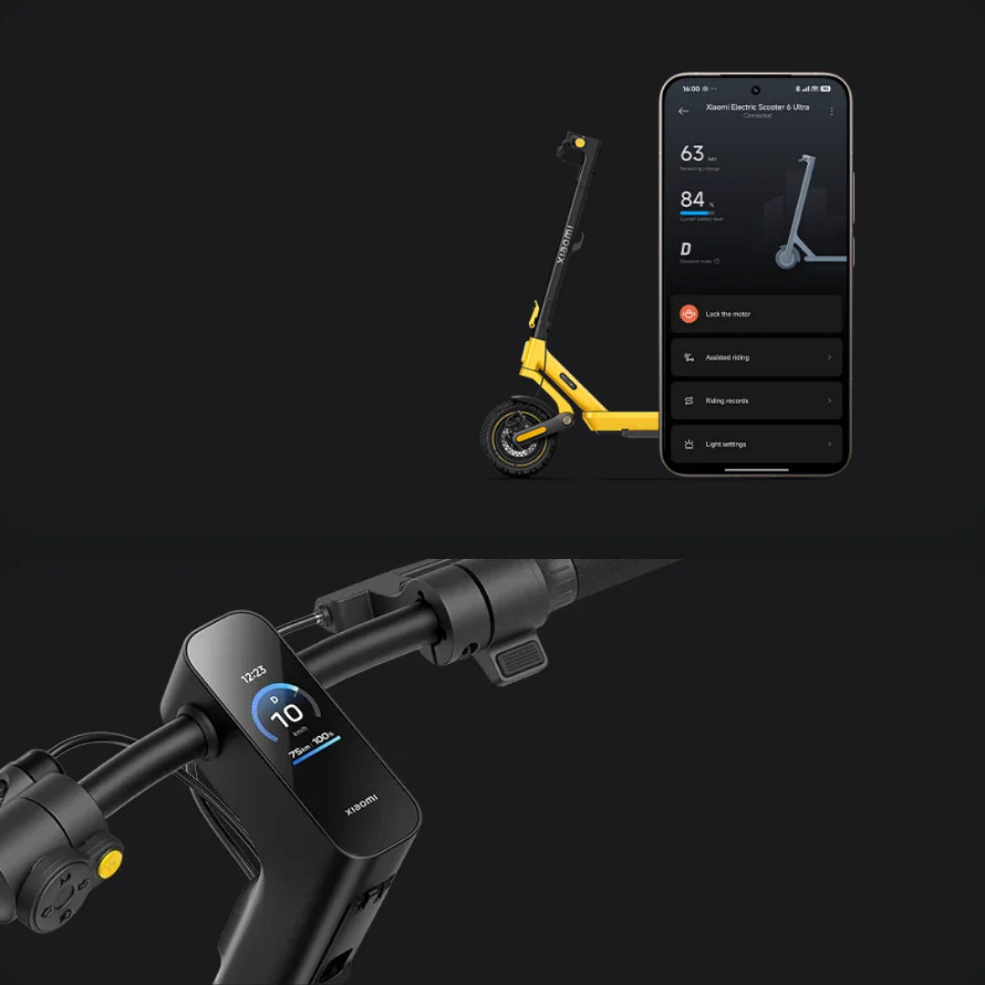 Električni romobil Xiaomi 6 Ultra žute boje uz prikaz aplikacije i detalj digitalnog zaslona na