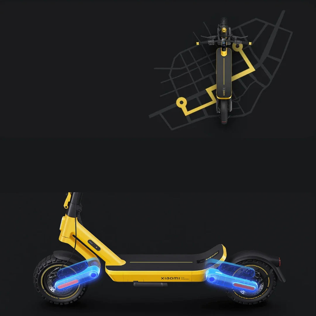 Električni romobil Xiaomi 6 Ultra bočni prikaz sa žutom bojom i prikazom sustava suspenzije