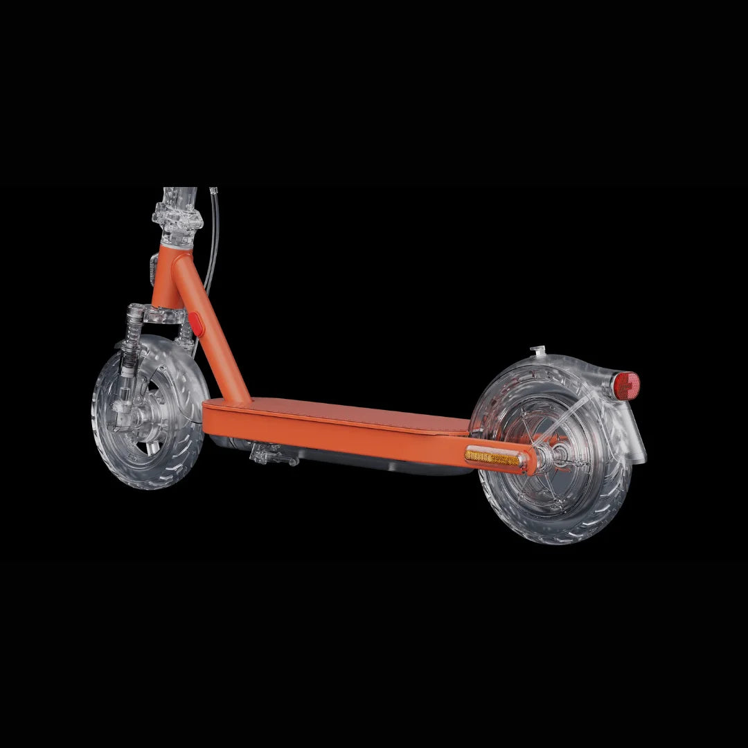 Narančasti električni romobil Xiaomi Elite, prikaz konstrukcije i prozirnih kotača sa strane