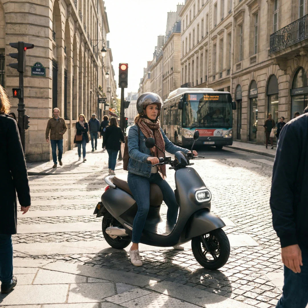 Žena vozi sivi električni skuter NMoto LX-02 gradskom ulicom, pogled s boka