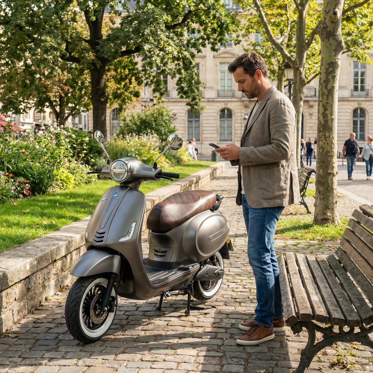 Sivi električni skuter NMoto LX06 parkiran u parku dok muškarac koristi pametni telefon
