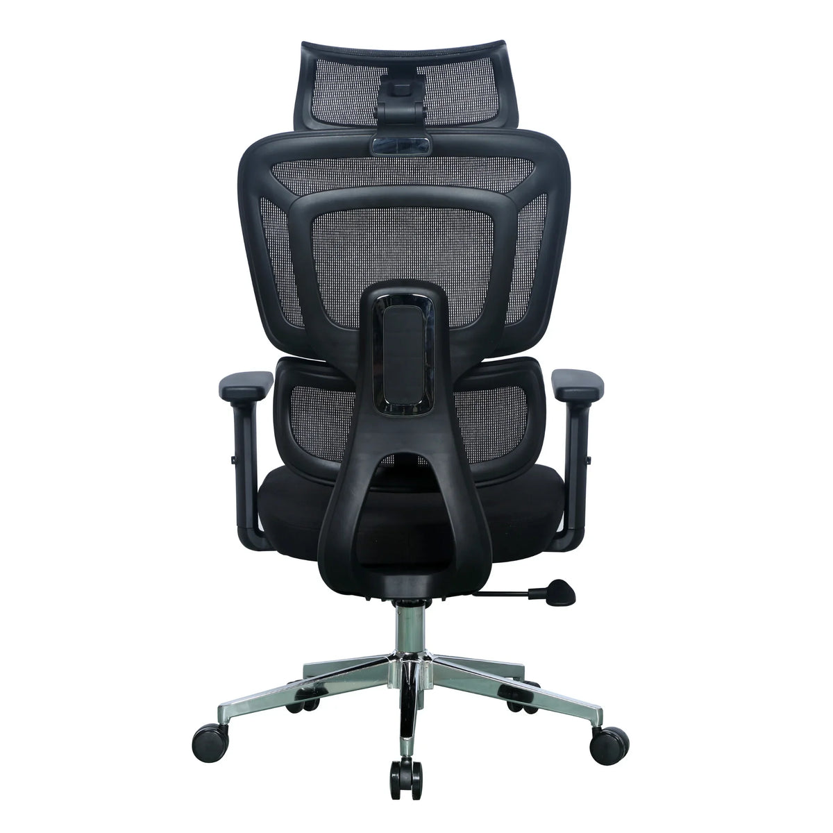 Slika prikazuje ergonomsku uredsku stolicu, točnije model Apollo. Stolica ima moderan dizajn s mrežastim naslonom za prozračnost i podesivim naslonima za ruke. Njezin elegantan izgled nadopunjen je kromiranom bazom i kotačićima, što je čini prikladnom za uredska okruženja.