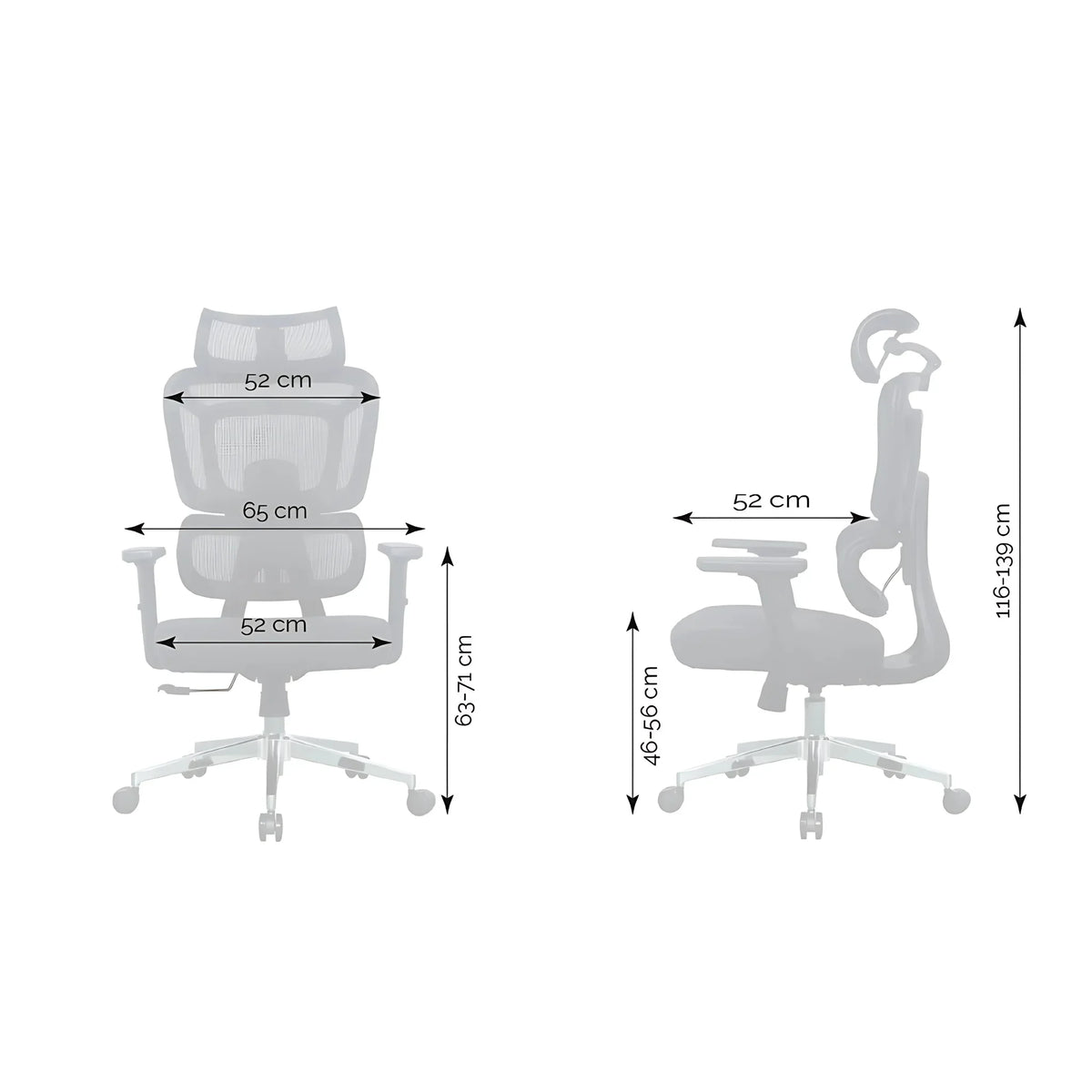Proizvod je ergonomska uredska stolica, točnije model Apollo. Slika prikazuje stolicu iz prednjeg i bočnog pogleda, ističući njezinu podesivu visinu i dimenzije, uključujući visinu naslona za leđa od 116-139 cm i raspon visine sjedala od 46-56 cm. Stolica ima mrežasti dizajn za prozračnost i udobnost, uz