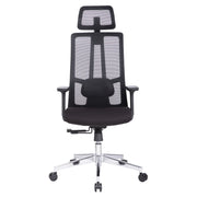 Proizvod je ergonomska uredska stolica, elegantnog dizajna s mrežastim naslonom za leđa za prozračnost. Ima podesive naslone za ruke i naslon za glavu koji pruža potporu, što je čini prikladnom za duge sate sjedenja. Stolica je postavljena na kromiranu bazu s kotačićima za lakšu mobilnost.