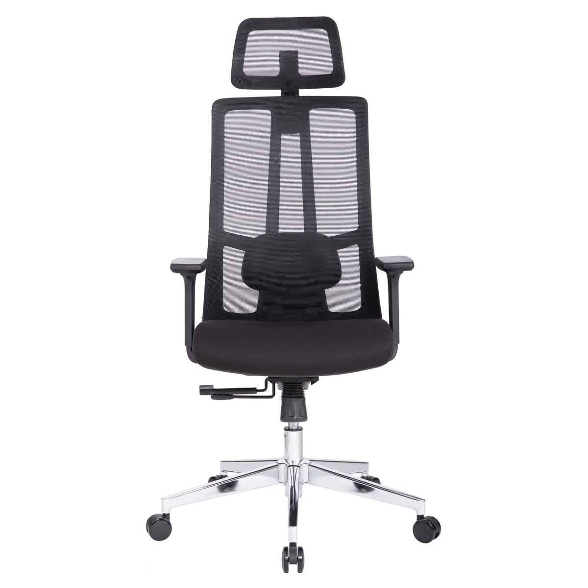 Proizvod je ergonomska uredska stolica, elegantnog dizajna s mrežastim naslonom za leđa za prozračnost. Ima podesive naslone za ruke i naslon za glavu koji pruža potporu, što je čini prikladnom za duge sate sjedenja. Stolica je postavljena na kromiranu bazu s kotačićima za lakšu mobilnost.