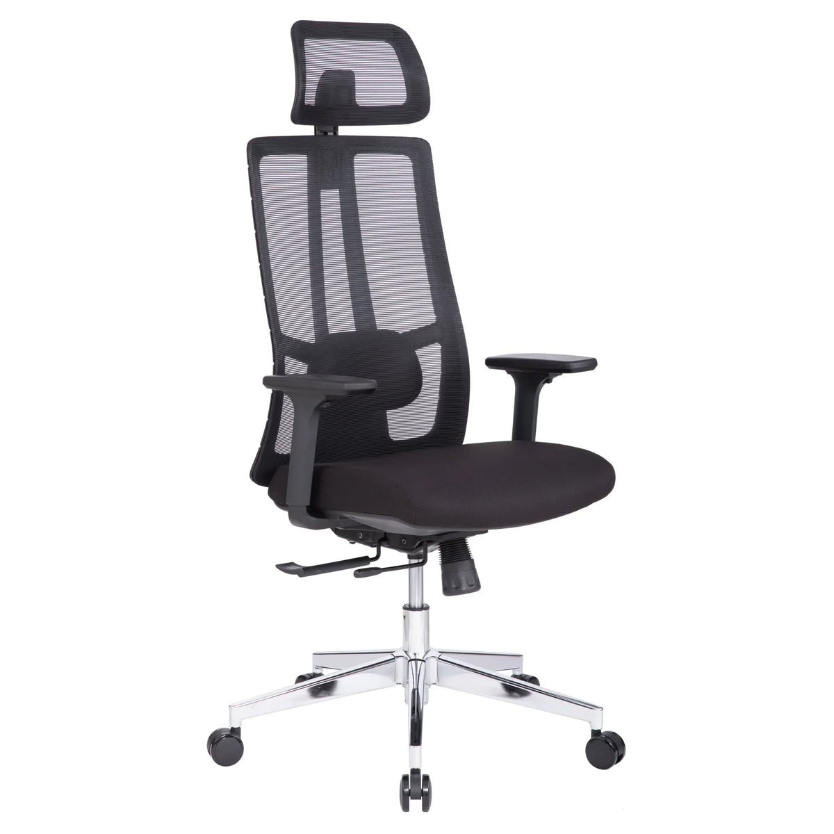 Proizvod je ergonomska uredska stolica, modernog dizajna s mrežastim naslonom za leđa za prozračnost. Uključuje podesive naslone za ruke i jastuk za lumbalnu potporu, s elegantnom kromiranom bazom i rotirajućim kotačićima za mobilnost.