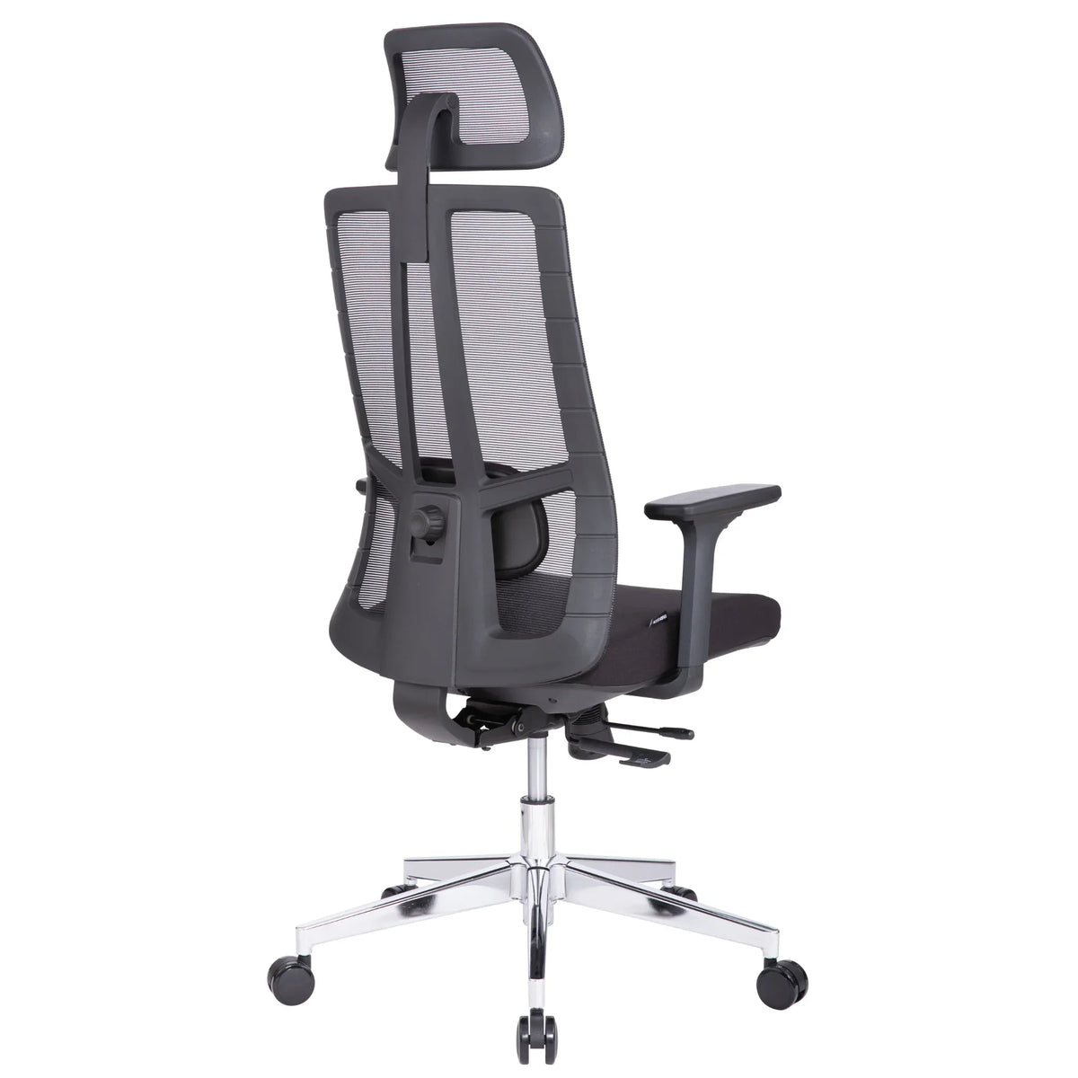 Proizvod je ergonomska uredska stolica, točnije model Eiffel. Slika prikazuje stolicu sa stražnje strane, ističući njezin mrežasti naslon za leđa za prozračnost, podesivu lumbalnu potporu i elegantan dizajn s kromiranom bazom i rotirajućim kotačićima za mobilnost. Nasloni za ruke su također vidljivi, što doprinosi njezinim ergonomskim karakteristikama.