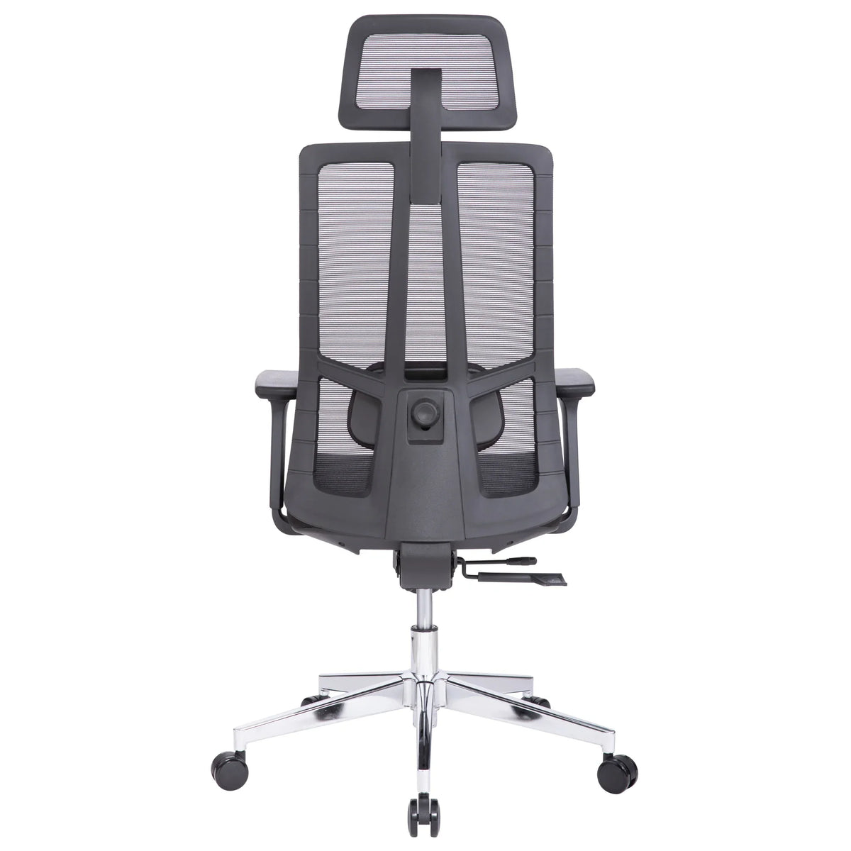 Proizvod je ergonomska uredska stolica, vjerojatno marke povezane s modernim dizajnom. Slika prikazuje pogled na stolicu sa stražnje strane, s mrežastim naslonom za leđa za prozračnost, podesivim naslonom za glavu i elegantnom kromiranom bazom s kotačićima za mobilnost. Dizajn naglašava udobnost i potporu, prikladnu za duge sate korištenja.