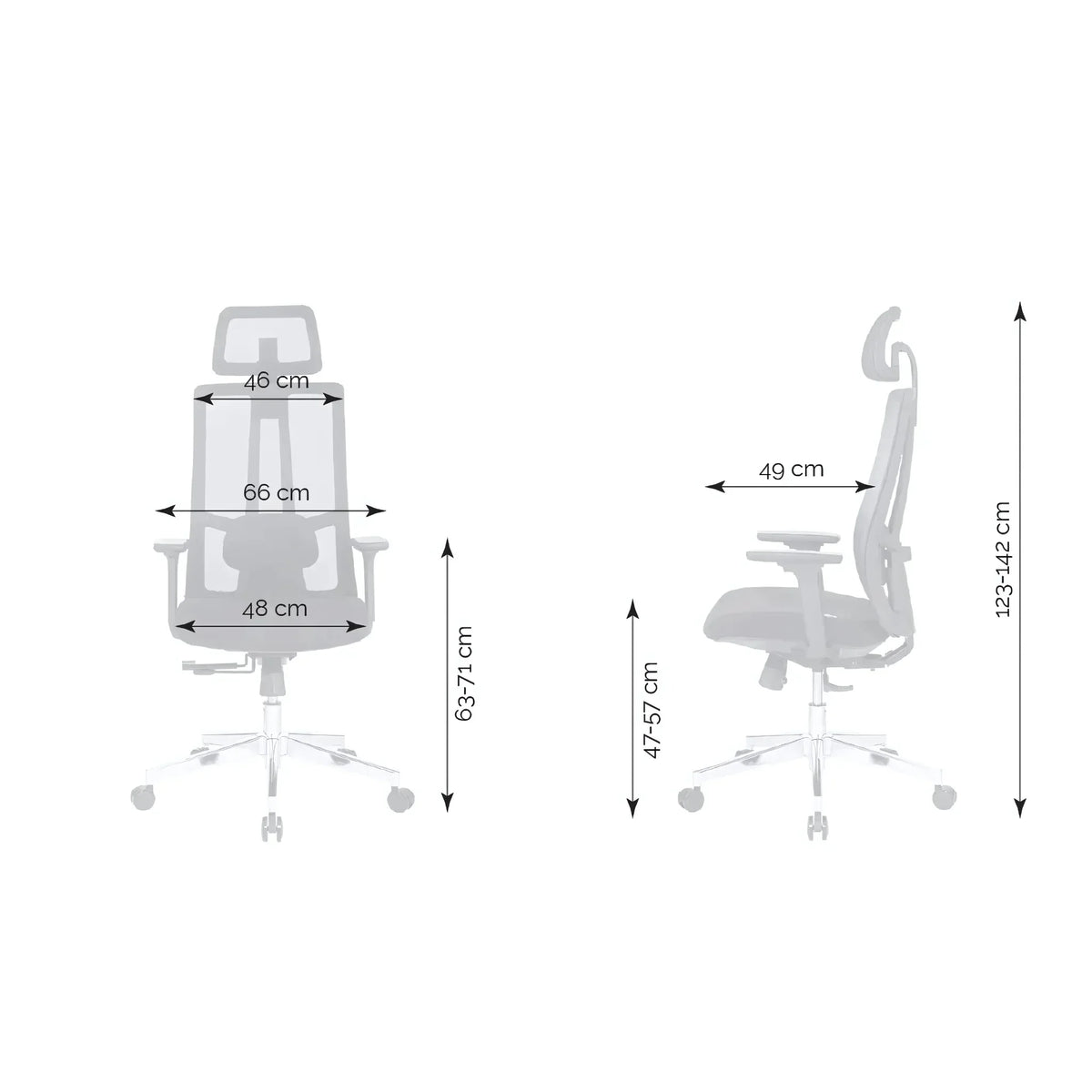 Proizvod je ergonomska uredska stolica, točnije model Eiffel. Slika prikazuje stolicu s prednje i bočne strane, ističući njezine podesive značajke i dimenzije. Stolica ima moderan dizajn s visokim naslonom za leđa, naslonima za ruke i udobnim sjedalom, prikladnim za duge sate korištenja.