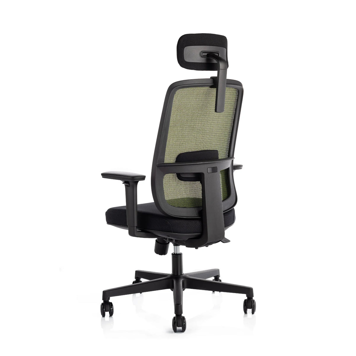 Proizvod je ergonomska uredska stolica, točnije model Ergo Basic. Slika prikazuje stolicu sa stražnje strane, ističući njezin mrežasti naslon za leđa u zelenkastoj nijansi, podesivi naslon za glavu i naslone za ruke. Baza je dizajnirana za mobilnost s kotačićima, a cjelokupni dizajn naglašava udobnost i potporu za duge sate sjedenja.