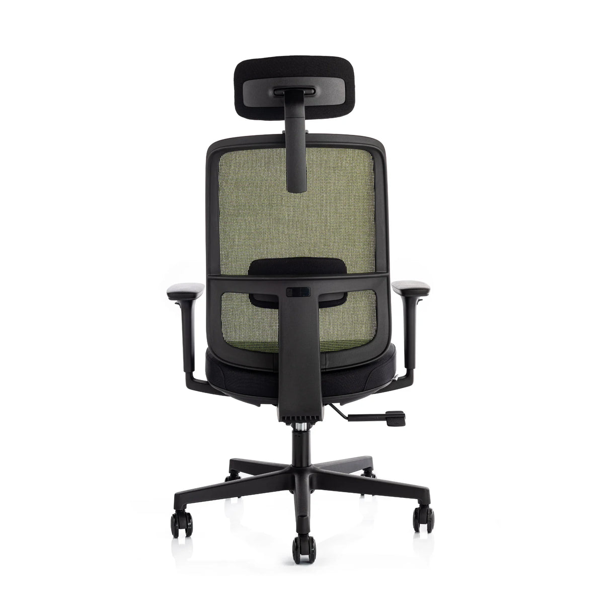 Proizvod je ergonomska uredska stolica, točnije model Ergo Basic. Slika prikazuje pogled na stolicu sa stražnje strane, s mrežastim naslonom za leđa u zelenkastoj nijansi, podstavljenim naslonom za glavu i podesivim naslonima za ruke. Stolica je postavljena na bazu s pet krakova s kotačićima za mobilnost.
