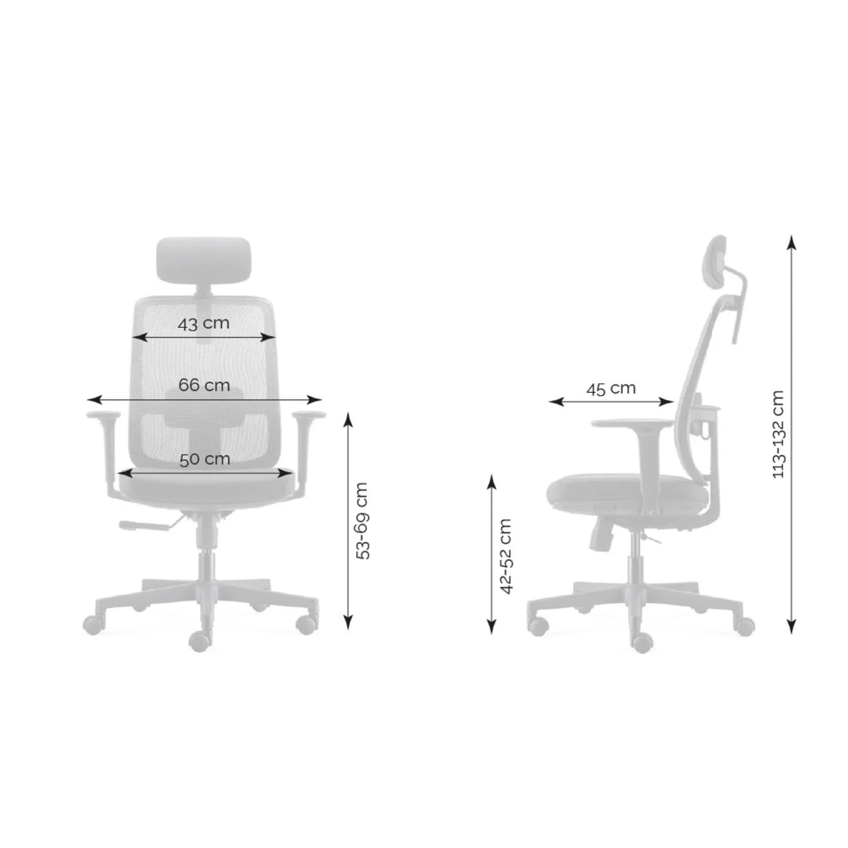 Slika prikazuje model ergonomske uredske stolice pod nazivom "Ergo Basic." Sadrži mrežasti naslon za leđa i podstavljeno sjedalo, dizajnirano za udobnost i potporu tijekom dugotrajne uporabe. Prikazane su dimenzije stolice, koje ukazuju na podesivu visinu i širinu za optimalno korisničko iskustvo.
