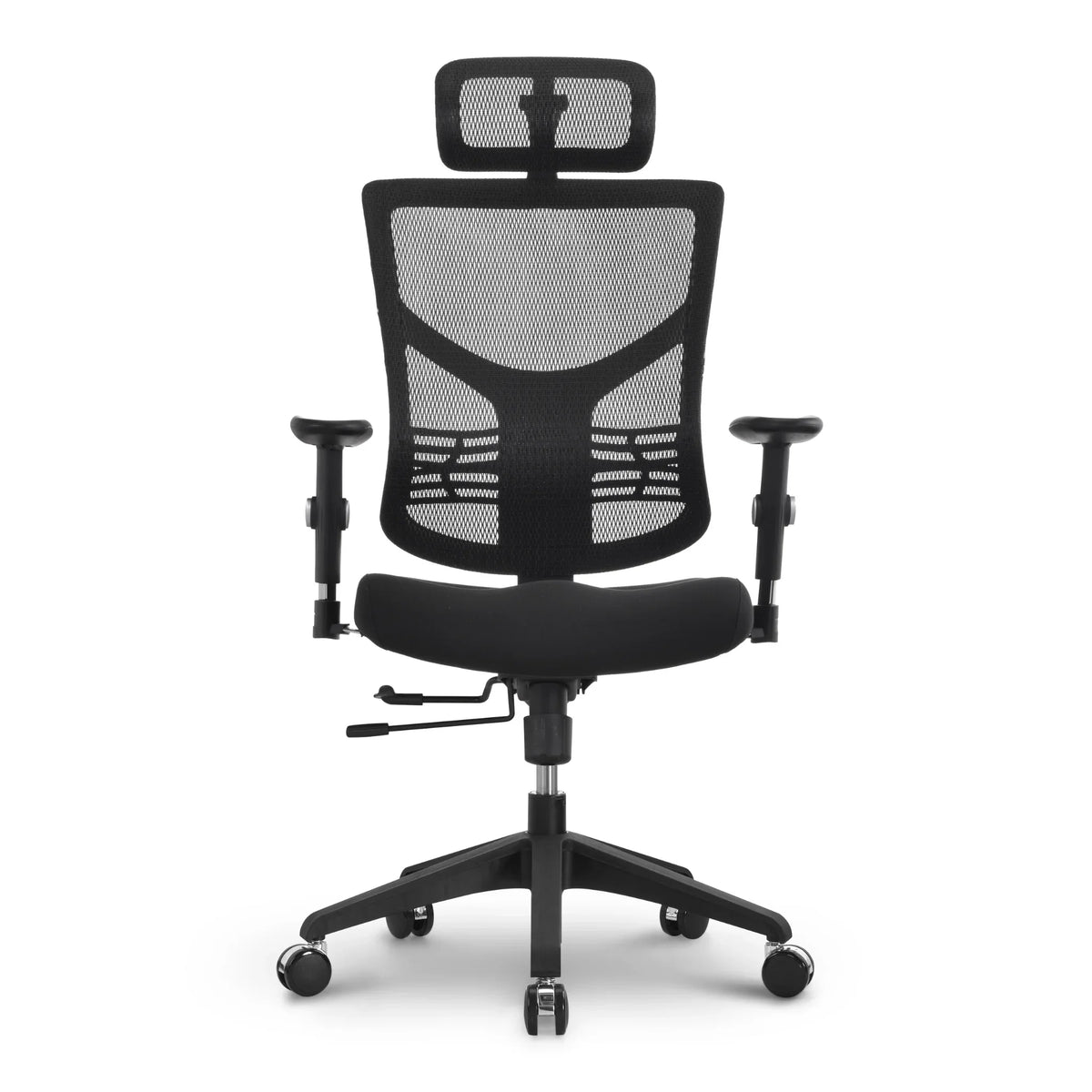 Proizvod je ergonomska uredska stolica, točnije model Essent. Slika prikazuje stolicu s mrežastim naslonom za leđa, podstavljenim sjedalom, podesivim naslonima za ruke i naslonom za glavu. Odlikuje se elegantnim dizajnom s postoljem u pet točaka i kotačićima za mobilnost, naglašavajući udobnost i potporu za duge sate sjedenja.