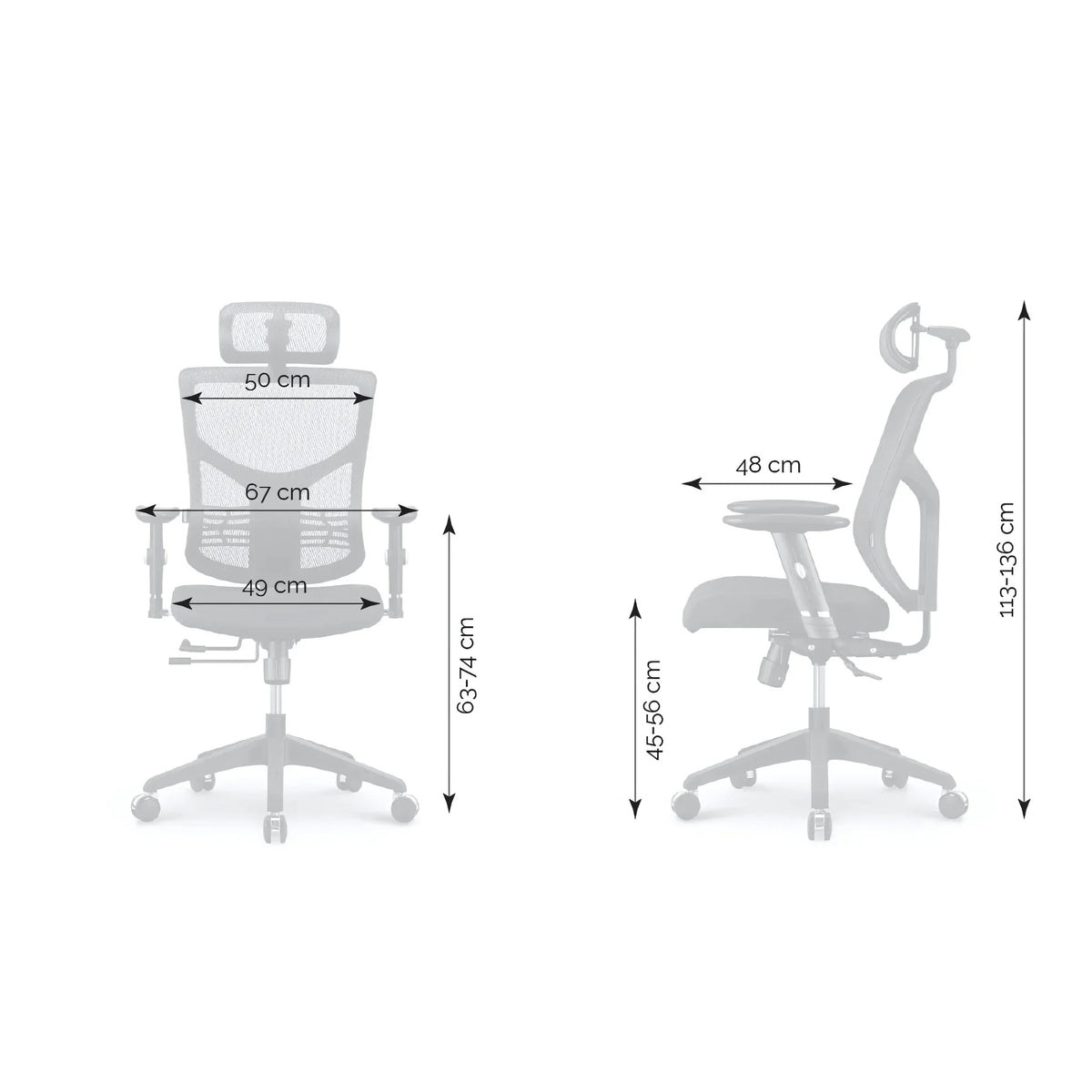 Proizvod je ergonomska uredska stolica, točnije model Essent. Slika prikazuje stolicu s prednje i bočne strane, ističući njezine podesive značajke i dimenzije, uključujući mjere visine i širine. Dizajn naglašava udobnost i potporu, što je čini prikladnom za dugotrajnu upotrebu u uredskom okruženju.