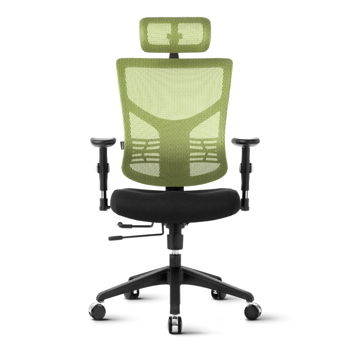 Proizvod je ergonomska uredska stolica, točnije model Essent. Stolica ima mrežasti naslon za leđa u jarkoj zelenoj boji, pružajući prozračnost i potporu. Uključuje podesive naslone za ruke i udobno sjedalo, dizajnirano za udobnost tijekom dugih sati korištenja. Postolje ima kotačiće za mobilnost, što je čini prikladnom za uredska okruženja.