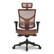 Proizvod je ergonomska uredska stolica, točnije model Essent Plus. Stolica ima prozračni mrežasti naslon za leđa i sjedalo u smeđoj boji, dizajnirano za udobnost i potporu. Uključuje podesive naslone za ruke i naslon za glavu, što je čini prikladnom za duge sate korištenja.