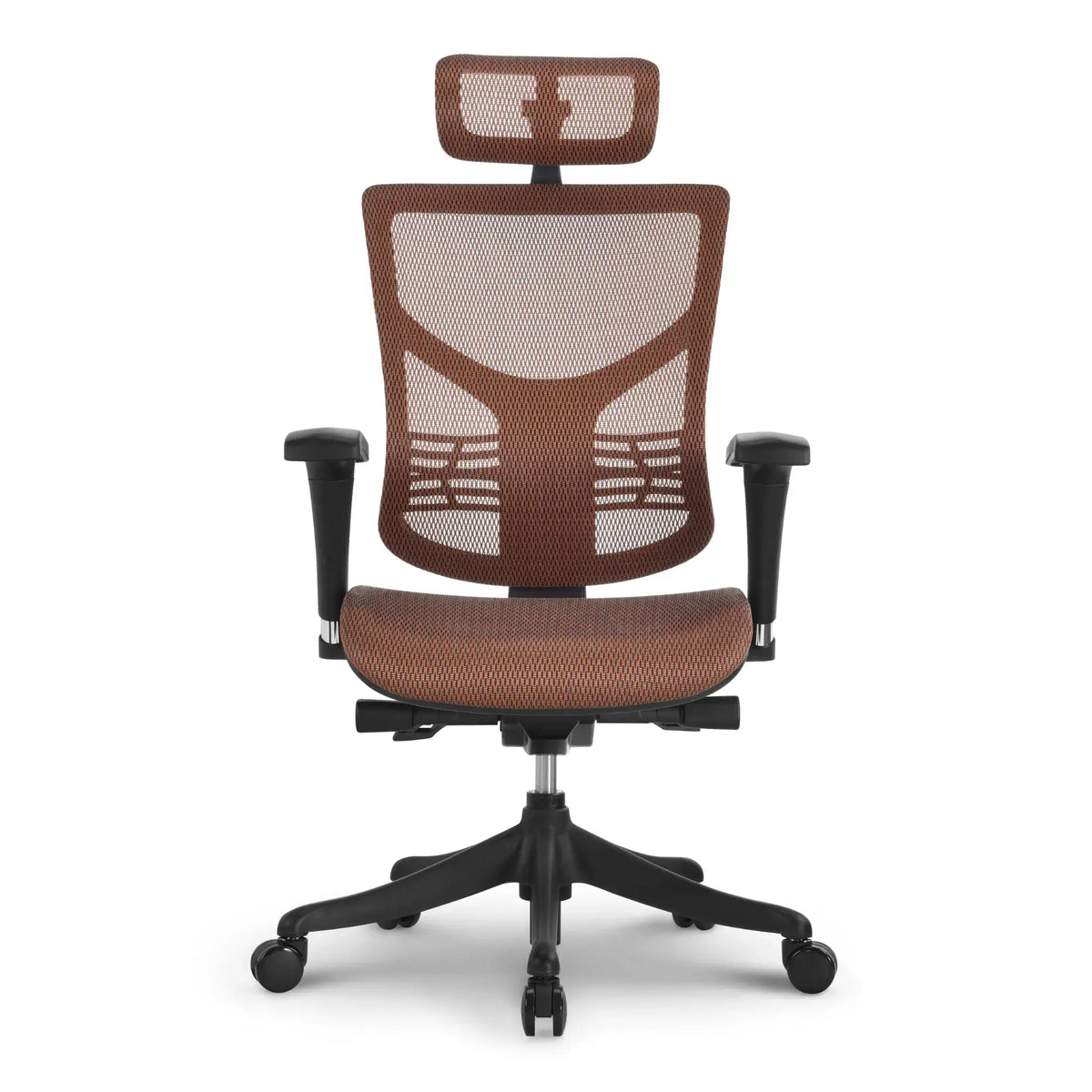 Proizvod je ergonomska uredska stolica, točnije model Essent Plus. Stolica ima prozračni mrežasti naslon za leđa i sjedalo u smeđoj boji, dizajnirano za udobnost i potporu. Uključuje podesive naslone za ruke i naslon za glavu, što je čini prikladnom za duge sate korištenja.