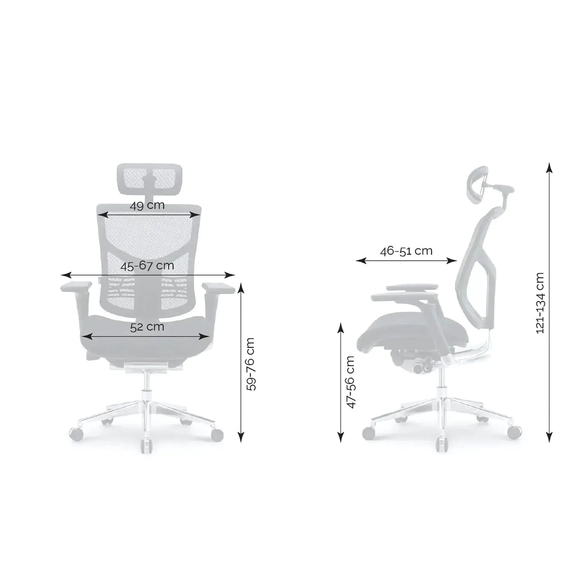 Slika prikazuje ergonomsku uredsku stolicu, točnije model Essent Plus. Prikazuje dimenzije stolice, uključujući podešavanje visine i širinu sjedala, naglašavajući njezin ergonomski dizajn s mrežastim naslonom za udobnost i potporu. Čini se da stolica ima podesive naslone za ruke i modernu estetiku prikladnu za uredska okruženja.