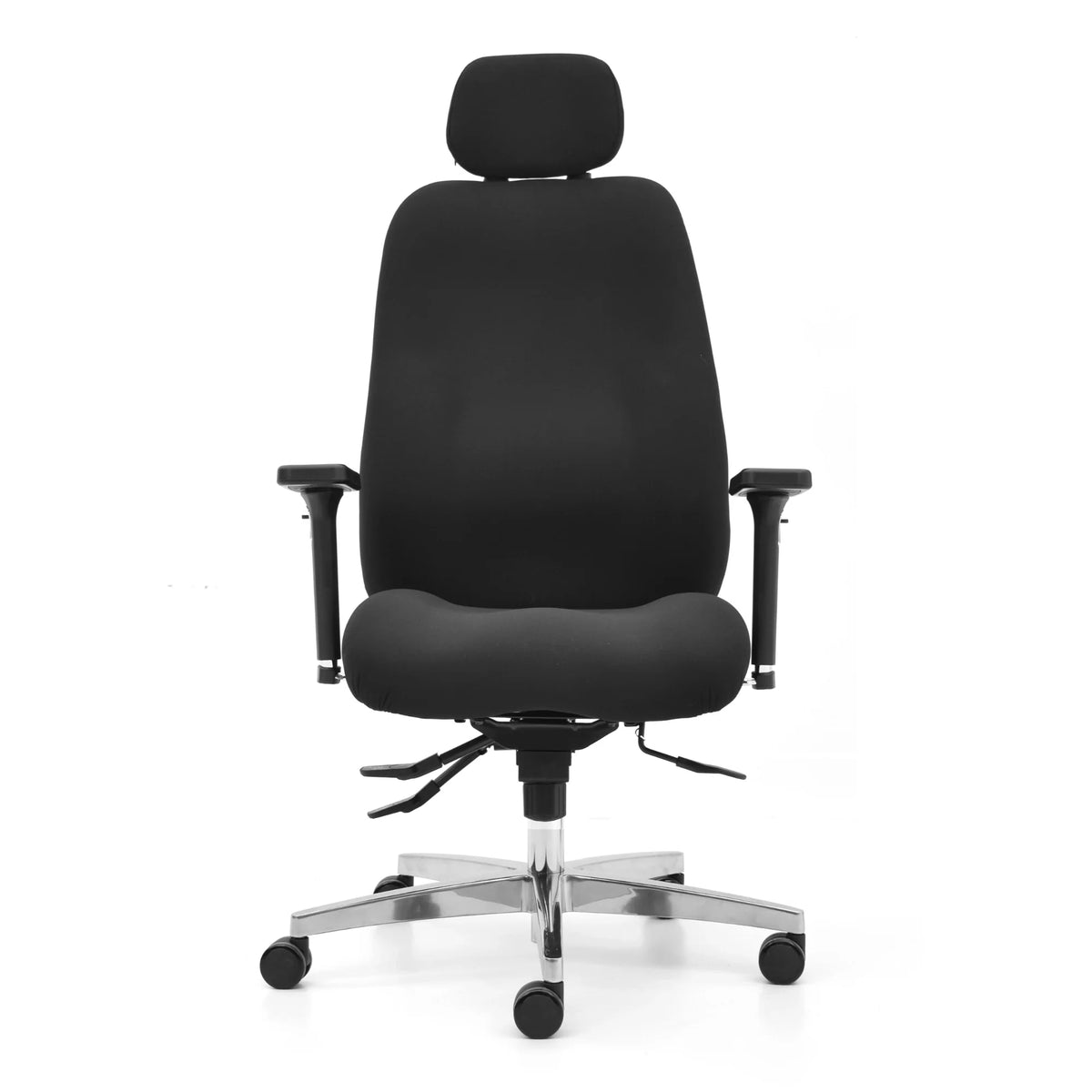 Slika prikazuje ergonomsku uredsku stolicu, točnije model Hercules. Stolica je pretežito crna s elegantnim dizajnom, prikazujući visoki naslon za leđa i potporni naslon za glavu. Uključuje podesive naslone za ruke i bazu s pet krakova s kotačićima za mobilnost. Cjelokupni izgled naglašava udobnost i funkcionalnost, pogodan za duge sate uporabe.