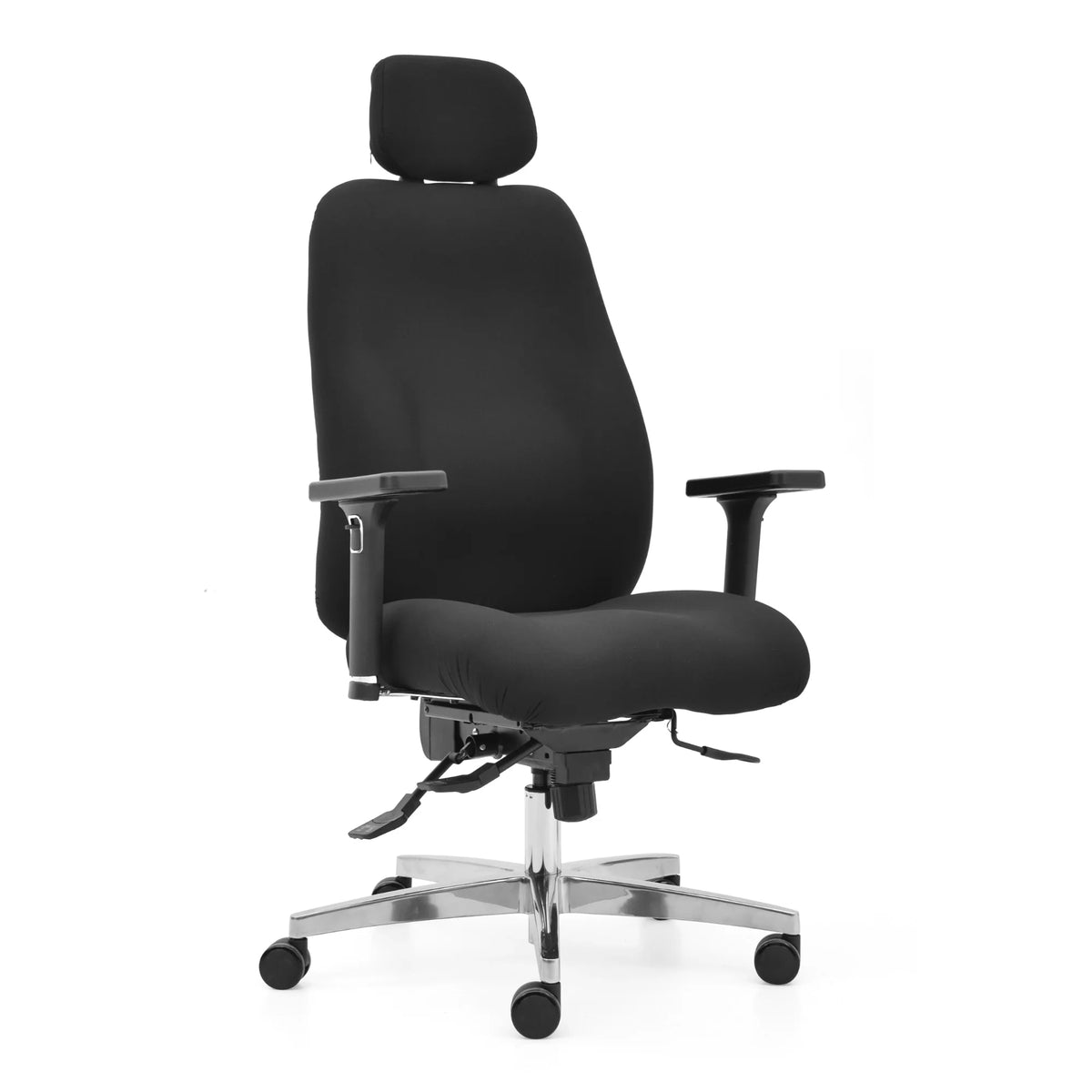 Proizvod je ergonomska uredska stolica, točnije model Hercules. Stolica ima elegantne crne presvlake od tkanine, visoki naslon za leđa za potporu i podesive naslone za ruke. Dizajnirana je za udobnost i funkcionalnost, prikladna za duge sate sjedenja.