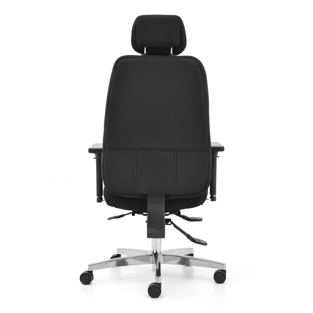 Proizvod je ergonomska uredska stolica, model Hercules. Slika prikazuje pogled na stolicu straga, koja ima elegantan crni dizajn, podstavljeni naslon za glavu i podesive naslone za ruke. Stolica je montirana na kromiranu bazu s kotačićima za mobilnost.