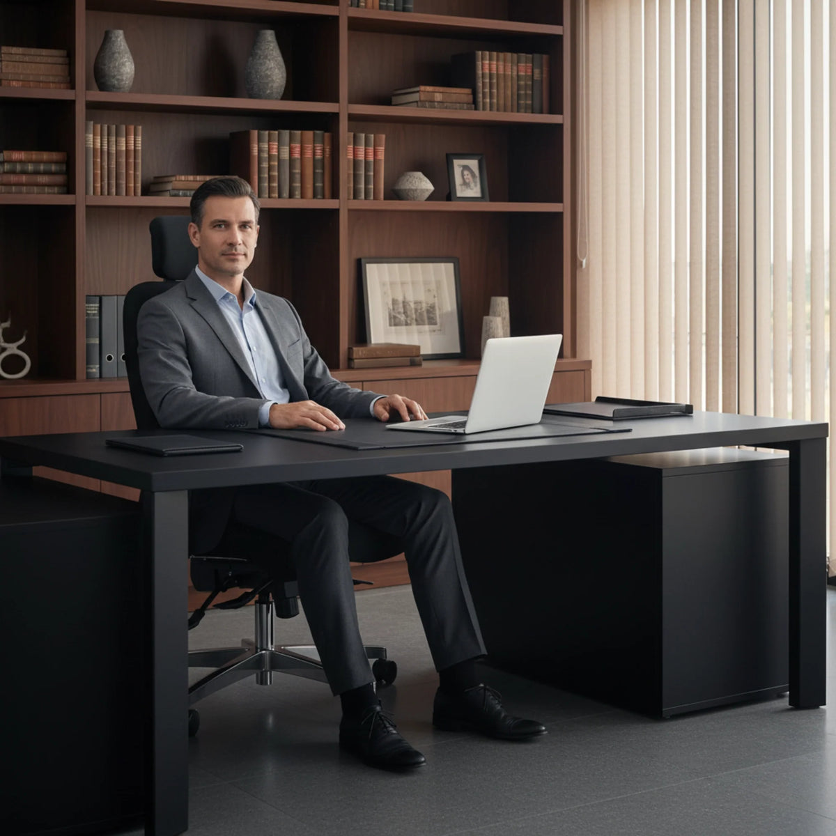Slika prikazuje ergonomsku uredsku stolicu, točnije model Hercules. Prikazuje muškarca u svečanom odijelu koji sjedi za modernim crnim radnim stolom s prijenosnim računalom ispred sebe. Pozadina uključuje policu za knjige s raznim ukrasnim predmetima i knjigama, stvarajući profesionalno uredsko okruženje.