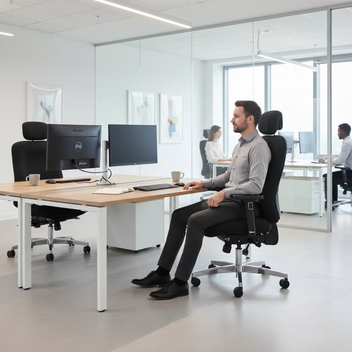 Slika prikazuje ergonomsku uredsku stolicu, točnije model Hercules. Prikazuje muškarca kako udobno sjedi u stolici za modernim uredskim stolom, opremljenim s dva monitora i tipkovnicom. Uredsko okruženje je svijetlo i prostrano, sa staklenim zidovima i ostalim zaposlenicima vidljivima u pozadini.