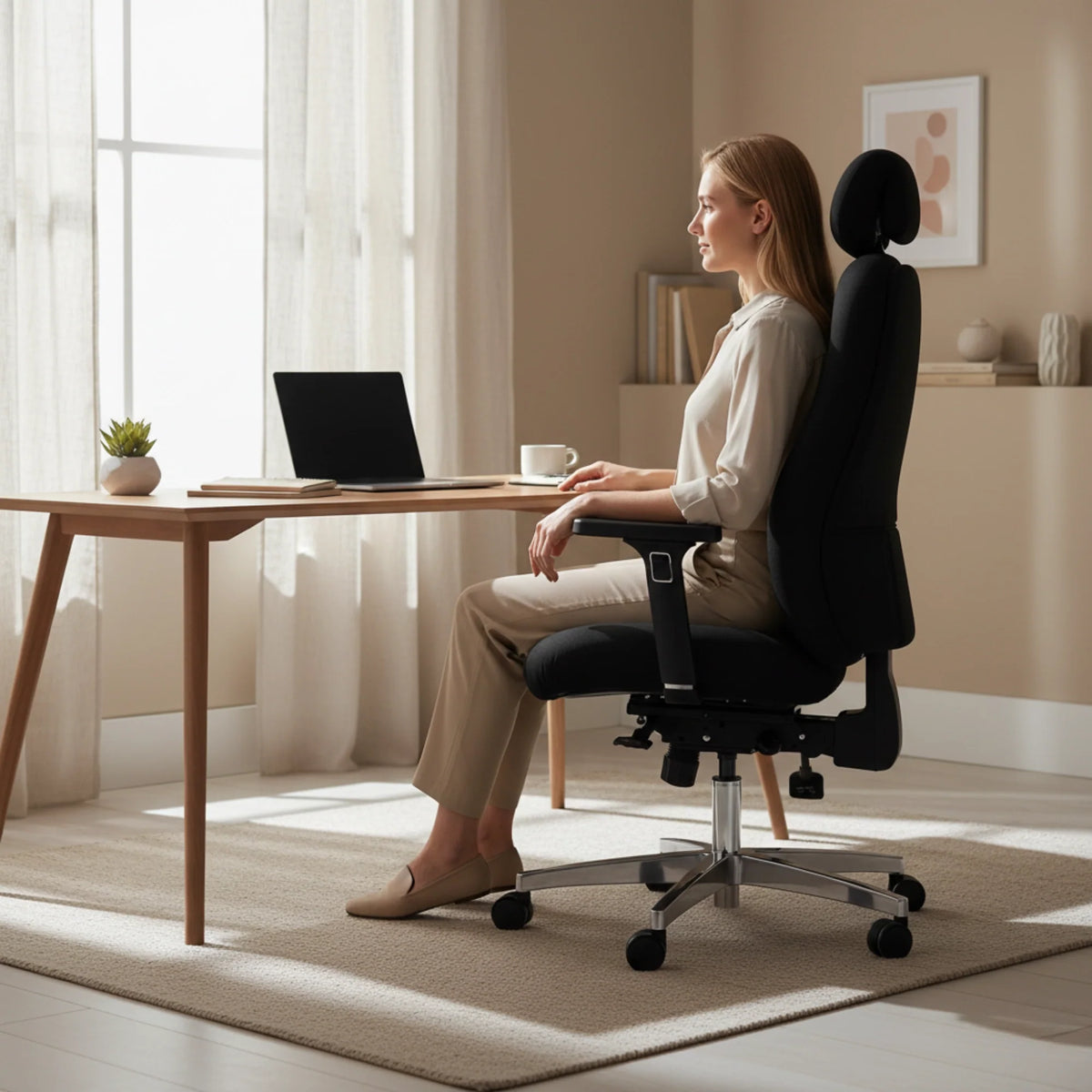 Slika prikazuje ergonomsku uredsku stolicu, točnije model Hercules. Prikazuje ženu kako udobno sjedi u stolici za radnim stolom, s prijenosnim računalom i šalicom kave u blizini. Okruženje je dobro osvijetljeno i moderno, s mekim bojama i minimalističkim dekorom, stvarajući mirnu atmosferu radnog prostora.