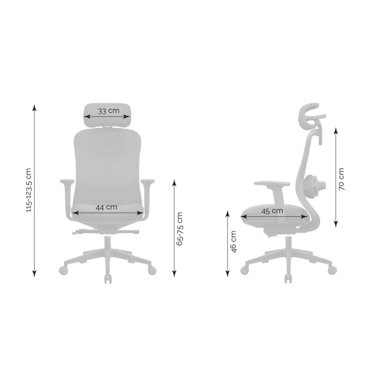 Proizvod je ergonomska uredska stolica, točnije model "Massage Pro". Slika prikazuje stolicu s prednje i bočne strane, ističući njezine podesive značajke i dimenzije, uključujući visinu naslona za leđa i sjedala, kao i položaj naslona za ruke. Dizajn naglašava udobnost i potporu, pogodne za duge sate uporabe.