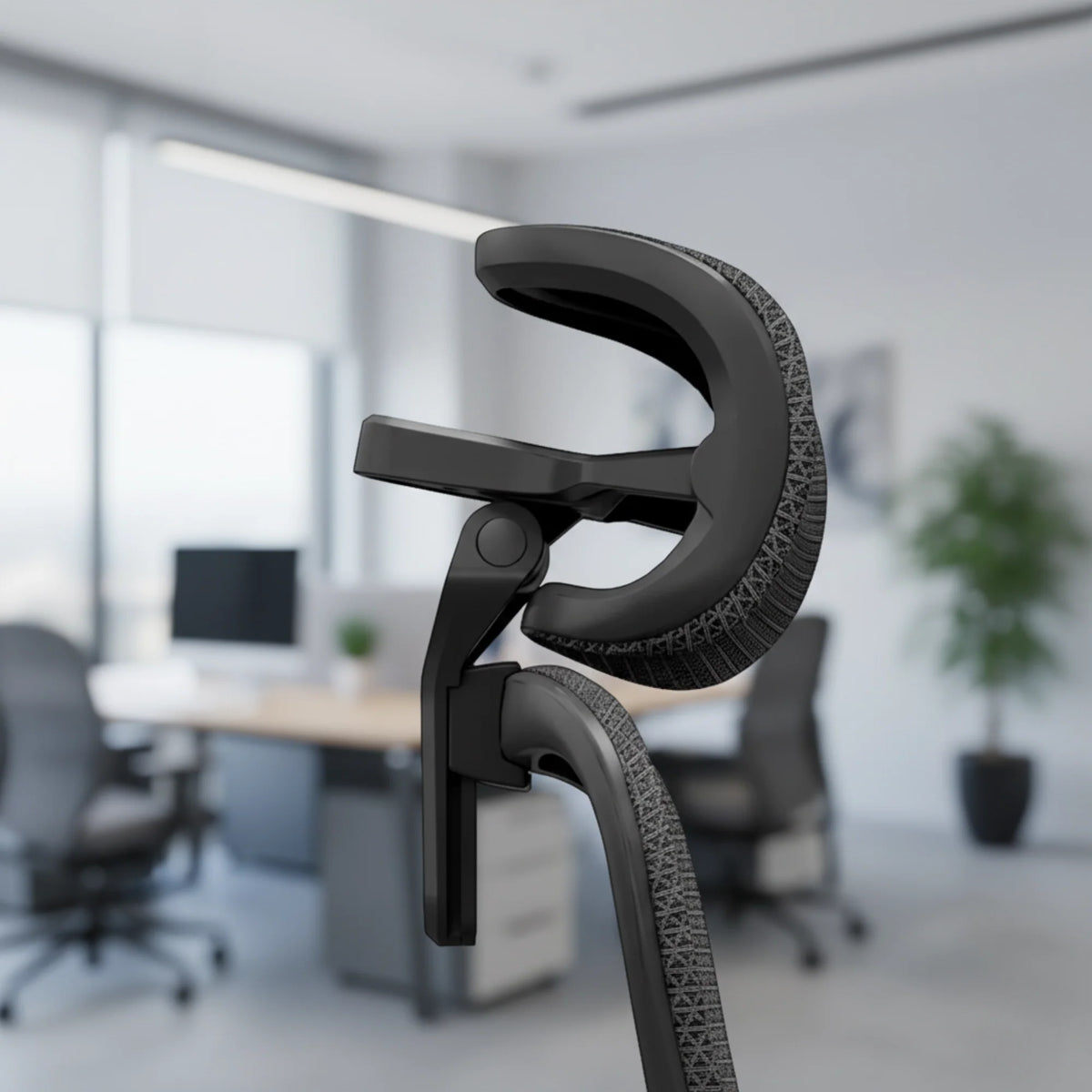 Slika prikazuje ergonomsku uredsku stolicu, točnije model "Massage Pro". Prikazuje dizajn naslona za glavu i naslona za ruke, ističući njihove podesive značajke za veću udobnost. Pozadina sugerira moderno uredsko okruženje s ostalim vidljivim uredskim stolicama.