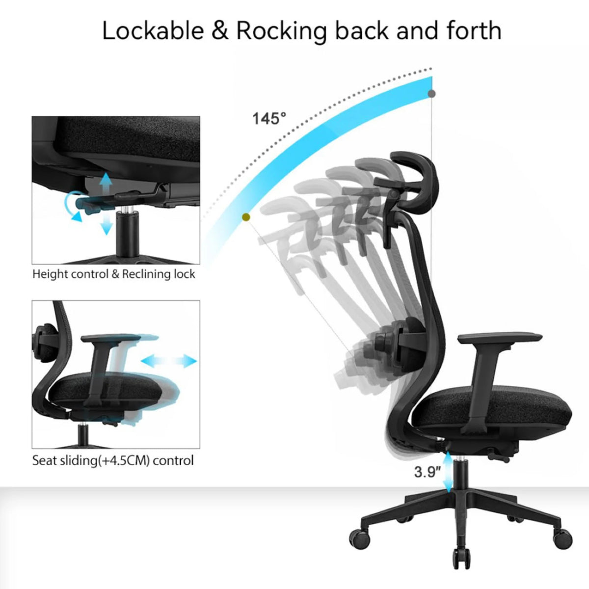 Slika prikazuje ergonomsku uredsku stolicu dizajniranu za udobnost i funkcionalnost. Prikazuje podesive značajke kao što su kontrola visine, blokada nagiba i opcije klizanja sjedala. Stolica je dizajnirana da podržava mehanizam ljuljanja i može se nagnuti do 145 stupnjeva, naglašavajući svoj ergonomski dizajn za dugotrajnu upotrebu.