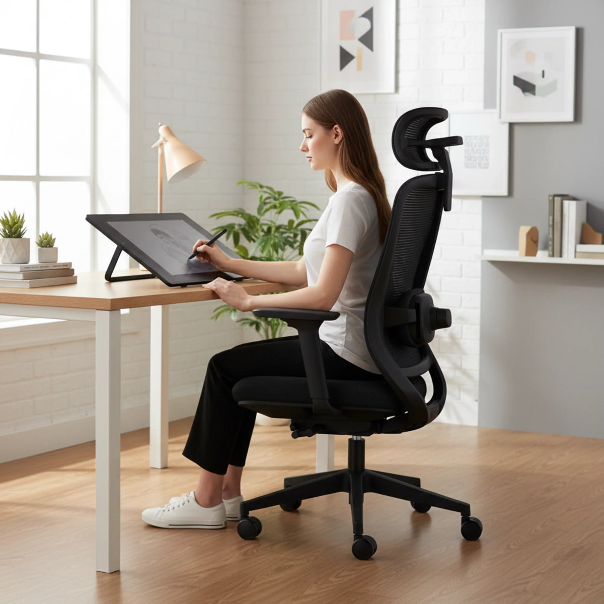 Slika prikazuje ergonomsku uredsku stolicu dizajniranu za udobnost i potporu, vjerojatno model pod nazivom "Massage Pro". Žena sjedi za stolom i koristi grafički tablet, što sugerira da je stolica prikladna za duge sate kreativnog rada. Okruženje je dobro osvijetljen, moderan radni prostor s biljkama i umjetničkim djelima u pozadini.