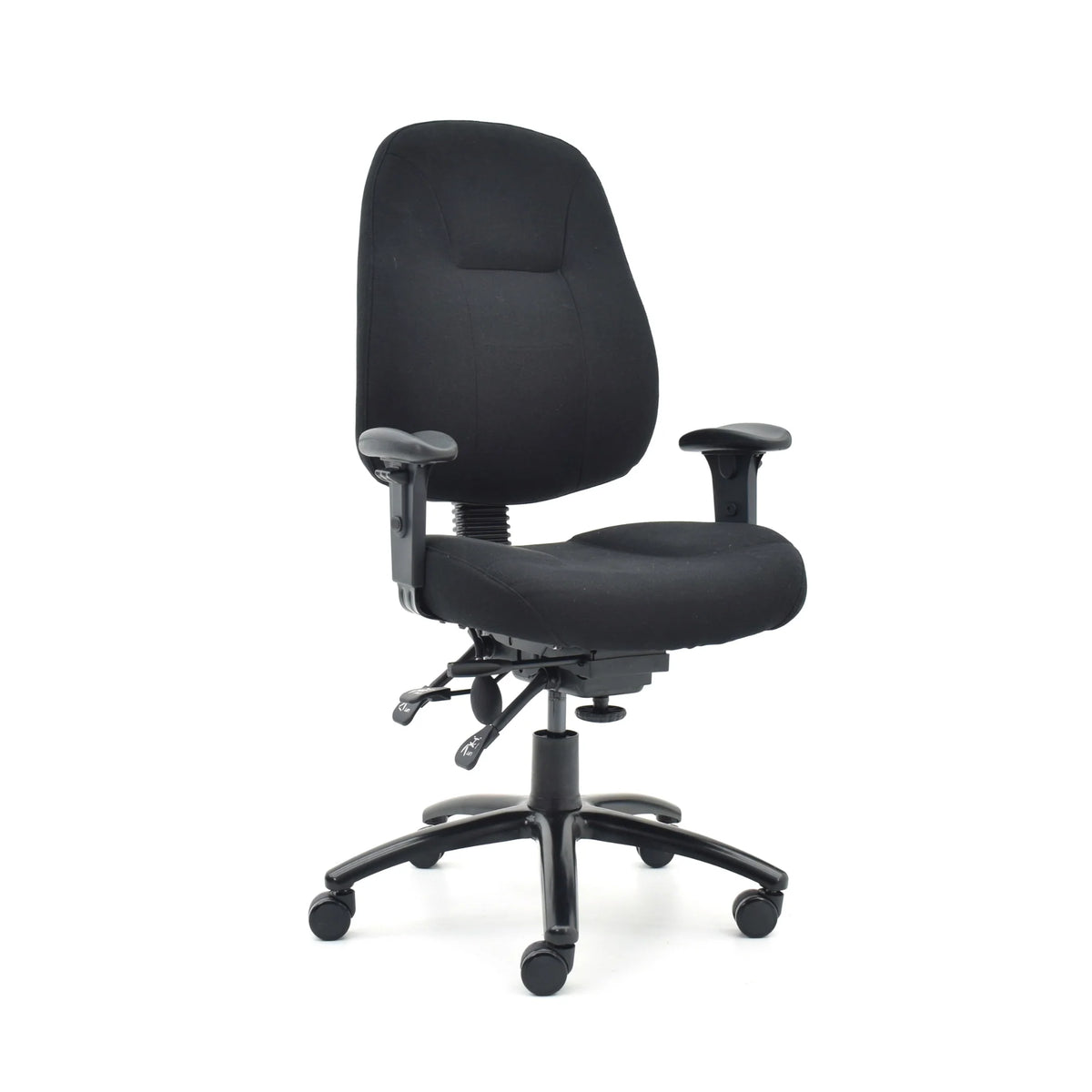 Proizvod je ergonomska uredska stolica, točnije model Max Pro. Stolica ima crne presvlake od tkanine i uključuje podesive naslone za ruke, potporni naslon za leđa i bazu s kotačićima za mobilnost. Njezin dizajn naglašava udobnost i potporu za dugotrajna razdoblja sjedenja.