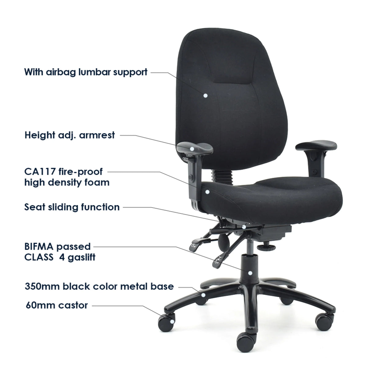 Proizvod je ergonomska uredska stolica pod nazivom "Max Pro". Sadrži presvlaku od crne tkanine, podesive naslone za ruke i plinski podizač podesiv po visini. Stolica uključuje lumbalnu potporu, funkciju klizanja sjedala i izrađena je od vatrootporne pjene visoke gustoće. Ima čvrstu metalnu bazu s kotačićima za mobilnost.