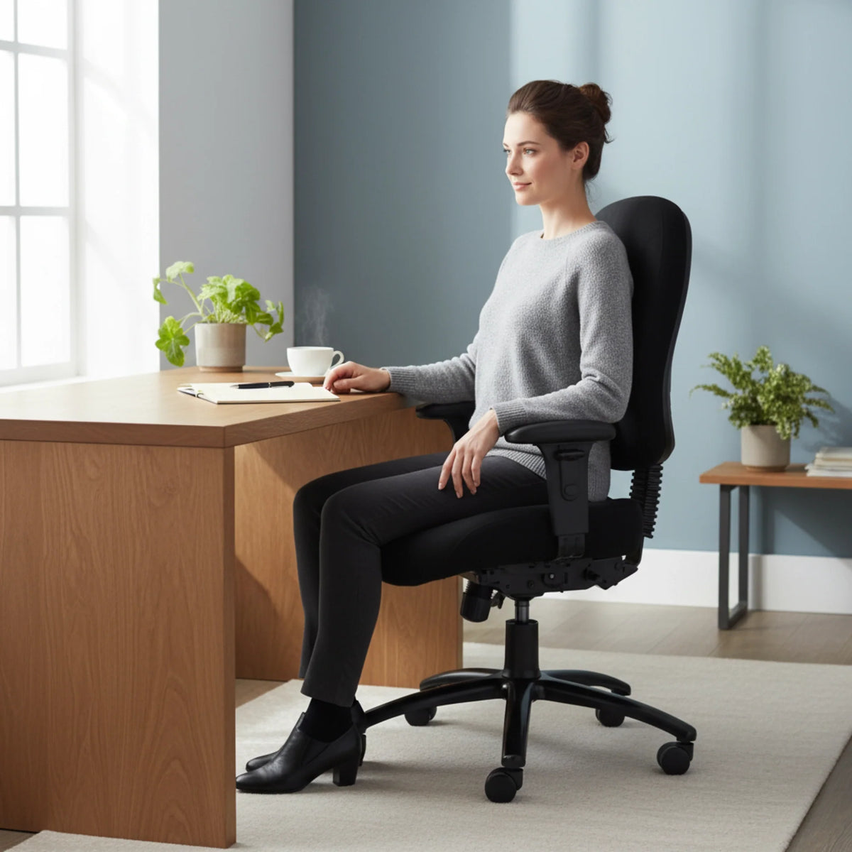 Slika prikazuje ergonomsku uredsku stolicu, točnije model Max Pro. Žena udobno sjedi u stolici za drvenim stolom, sa šalicom kave i bilježnicom ispred sebe. Okruženje je svijetlo i moderno, s biljkama i mekanim tepihom koji poboljšavaju ambijent radnog prostora.
