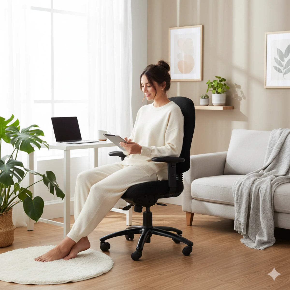 Proizvod je ergonomska uredska stolica, točnije model Max Pro. Slika prikazuje ženu kako udobno sjedi u stolici dok drži podlogu za pisanje, odjevena u udobnu odjeću. Okruženje uključuje svijetlu sobu s radnim stolom, prijenosnim računalom i ukrasnim biljkama, stvarajući ugodnu atmosferu radnog prostora.