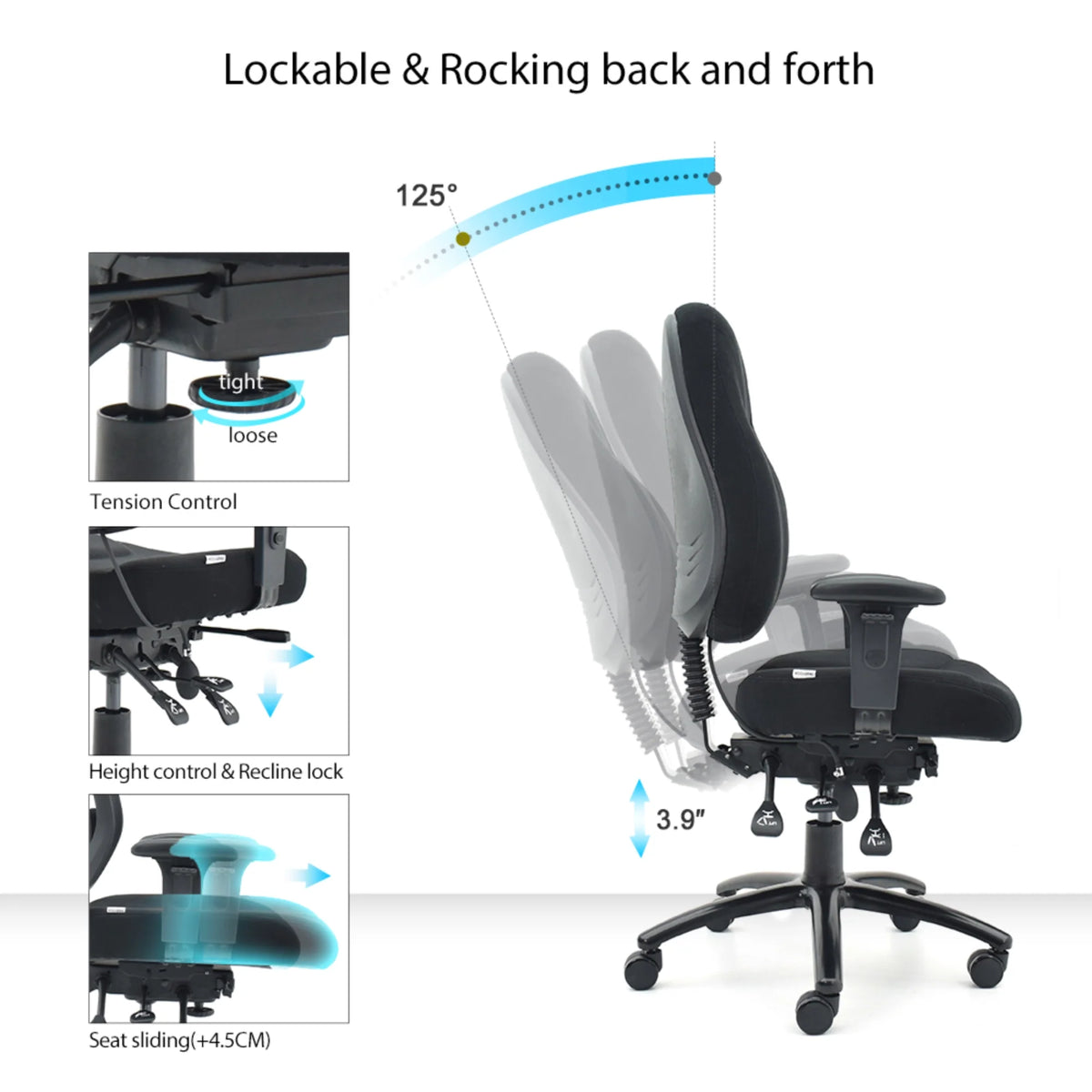 Proizvod je ergonomska uredska stolica, točnije model Max Pro. Slika prikazuje razne značajke stolice, uključujući podešavanje visine, kontrolu napetosti te mogućnost zaključavanja i ljuljanja naslona. Ilustrira mehanizam naginjanja stolice i mogućnost klizanja sjedala, što povećava udobnost i potporu za korisnike.