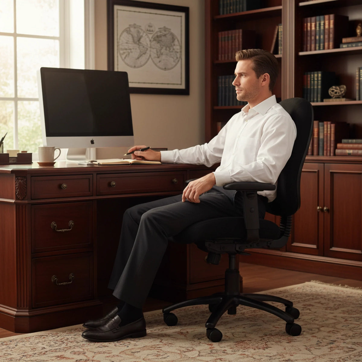 Slika prikazuje ergonomsku uredsku stolicu, točnije model Max Pro. Prikazuje muškarca koji sjedi za drvenim stolom s računalom, odjeven u bijelu košulju i tamne hlače. Okruženje uključuje policu punu knjiga i prozor koji propušta prirodno svjetlo u prostoriju.
