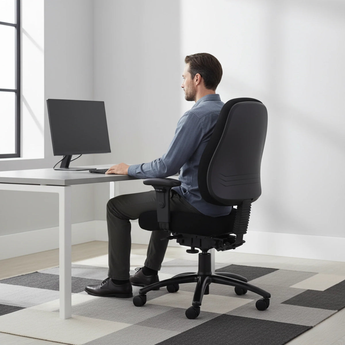 Slika prikazuje ergonomsku uredsku stolicu, točnije model Max Pro. Prikazuje osobu koja sjedi za stolom s računalnim monitorom, naglašavajući dizajn stolice i značajke potpore. Okruženje se čini moderno i dobro osvijetljeno, naglašavajući udoban radni prostor.