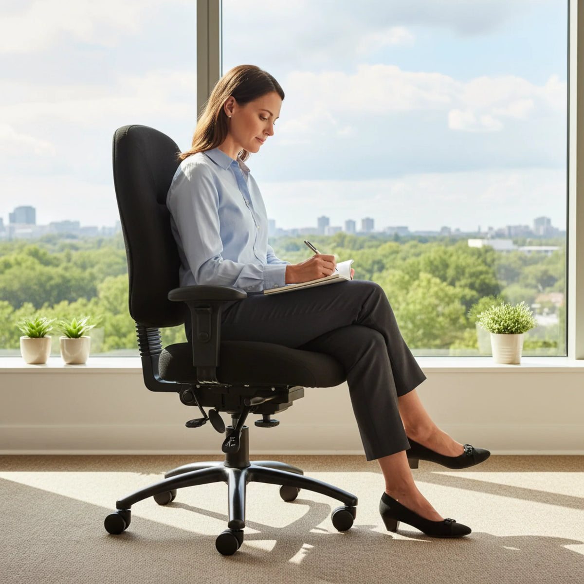 Slika prikazuje ergonomsku uredsku stolicu, točnije model Max Pro. Žena sjedi u stolici i piše u bilježnicu, odjevena u profesionalnu odjeću. Okruženje uključuje veliki prozor s pogledom na zelenilo i gradske zgrade u pozadini, stvarajući svijetlu i otvorenu atmosferu.