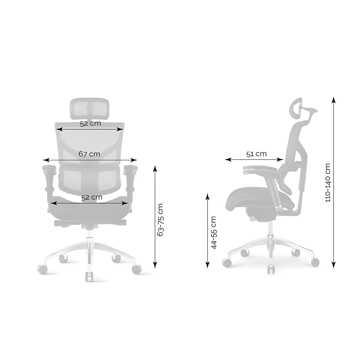 Slika prikazuje ergonomsku uredsku stolicu, vjerojatno marke "Smart." Odlikuje se modernim dizajnom s podesivom visinom i naslonima za ruke te je dizajnirana za udobnost i potporu tijekom dugih sati korištenja. Dimenzije pokazuju njezinu prilagodljivost različitim korisnicima, s rasponom visine od 110-140 cm i podešavanjem visine sjedala od 44-56 cm.