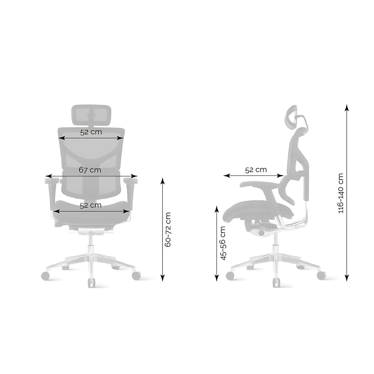 Slika prikazuje ergonomsku uredsku stolicu, točnije model "Smart Plus". Prikazuje stolicu s prednje i bočne strane, ističući njezinu podesivu visinu i dimenzije, poput širine sjedala i visine naslona za leđa. Dizajn naglašava udobnost i potporu, pogodnu za duge sate korištenja.