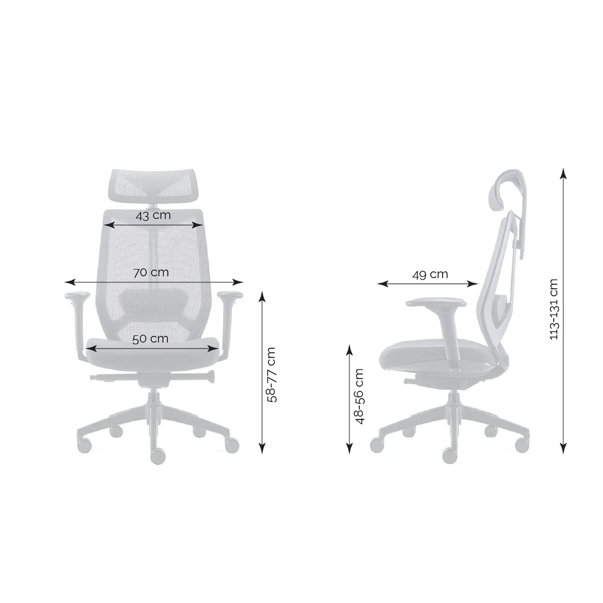 Proizvod je ergonomska uredska stolica marke Spectra. Slika prikazuje dimenzije stolice, ističući njezine podesive značajke, uključujući podešavanje visine i položaja naslona za ruke. Dizajn se čini moderan i funkcionalan, naglašavajući udobnost i potporu za dugotrajnu upotrebu.