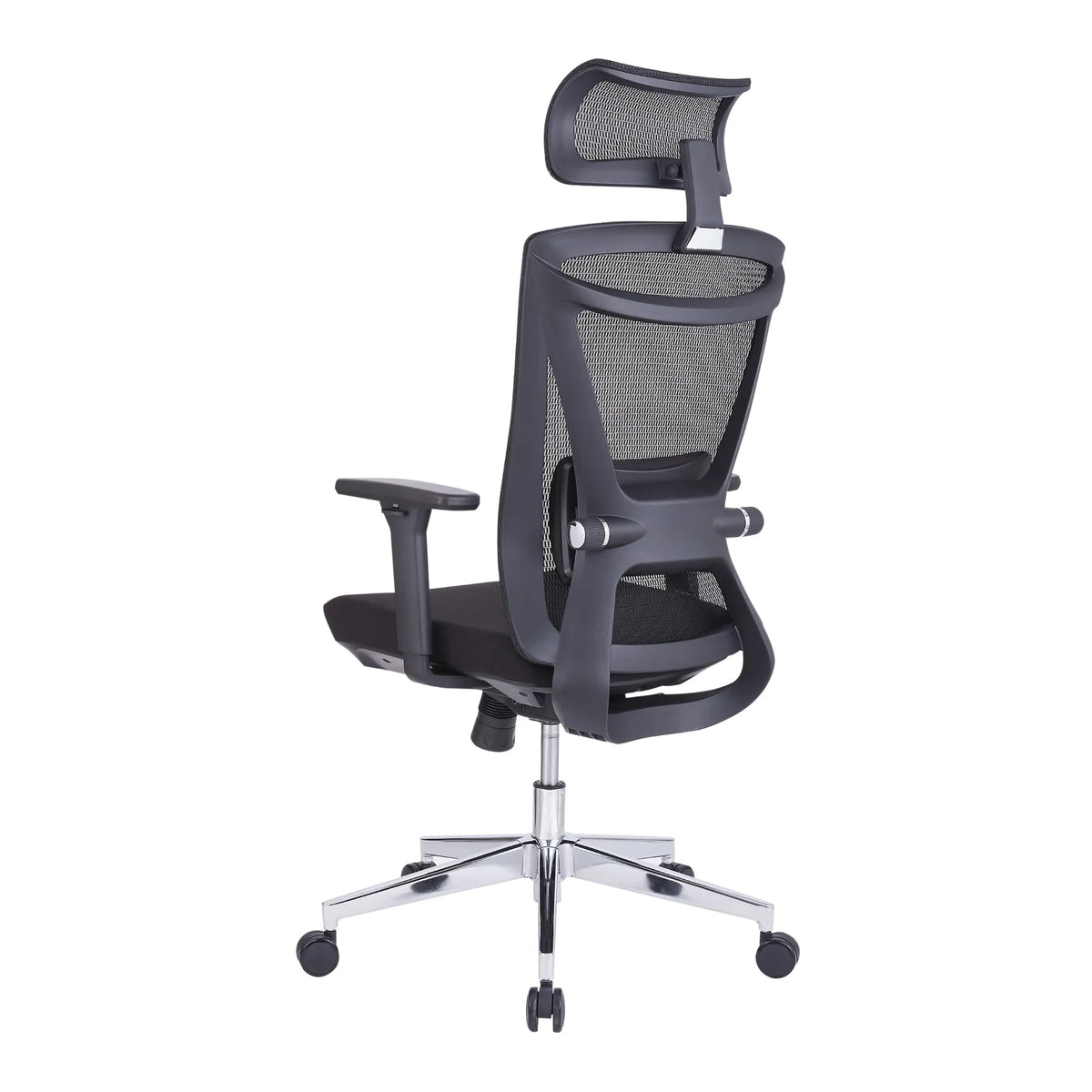 Proizvod je ergonomska uredska stolica, točnije model Taurus. Slika prikazuje stolicu iz bočnog kuta, ističući njezin mrežasti naslon za leđa za prozračnost, podesive naslone za ruke i elegantnu kromiranu bazu s kotačićima za mobilnost. Cjelokupni dizajn naglašava udobnost i potporu za duge sate sjedenja.