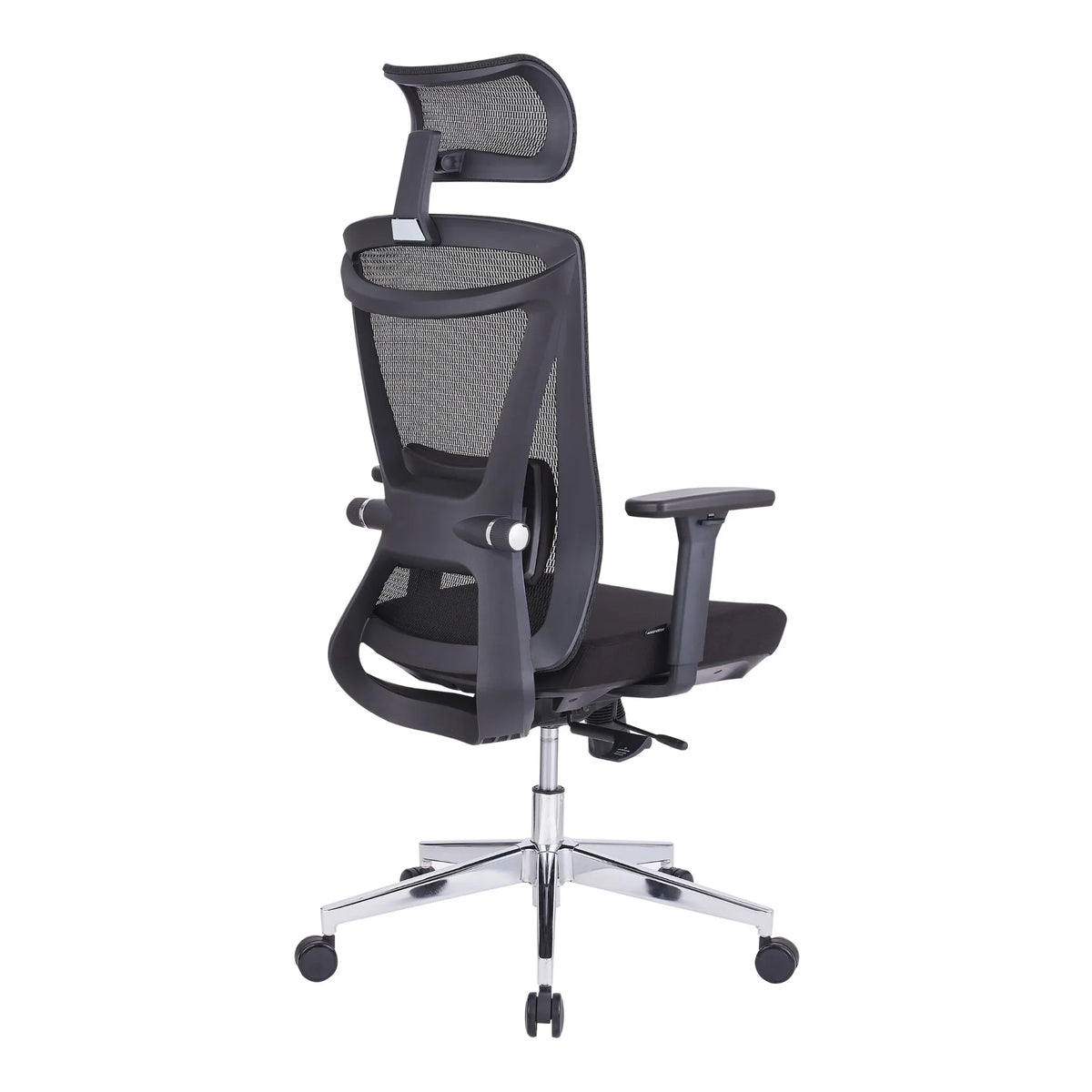 Proizvod je ergonomska uredska stolica, točnije model Taurus. Slika prikazuje stolicu sa stražnje strane, ističući njezin mrežasti naslon za leđa i naslon za glavu, koji su dizajnirani za udobnost i potporu. Stolica ima podesive naslone za ruke i kromiranu bazu s kotačićima za mobilnost.