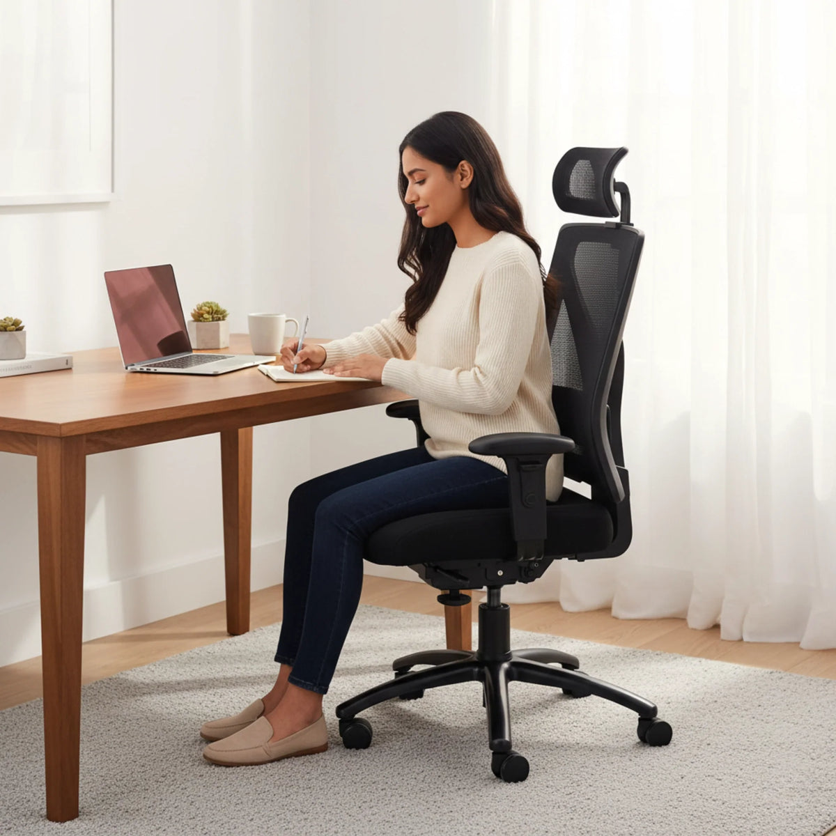 Slika prikazuje ergonomsku uredsku stolicu, točnije model "Titan". Prikazuje ženu kako udobno sjedi u stolici za drvenim radnim stolom i piše. Stolica ima moderan dizajn s mrežastim naslonom za leđa, koji pruža potporu i prozračnost, dok okruženje uključuje prijenosno računalo i šalicu, stvarajući ugodnu atmosferu u radnom prostoru.