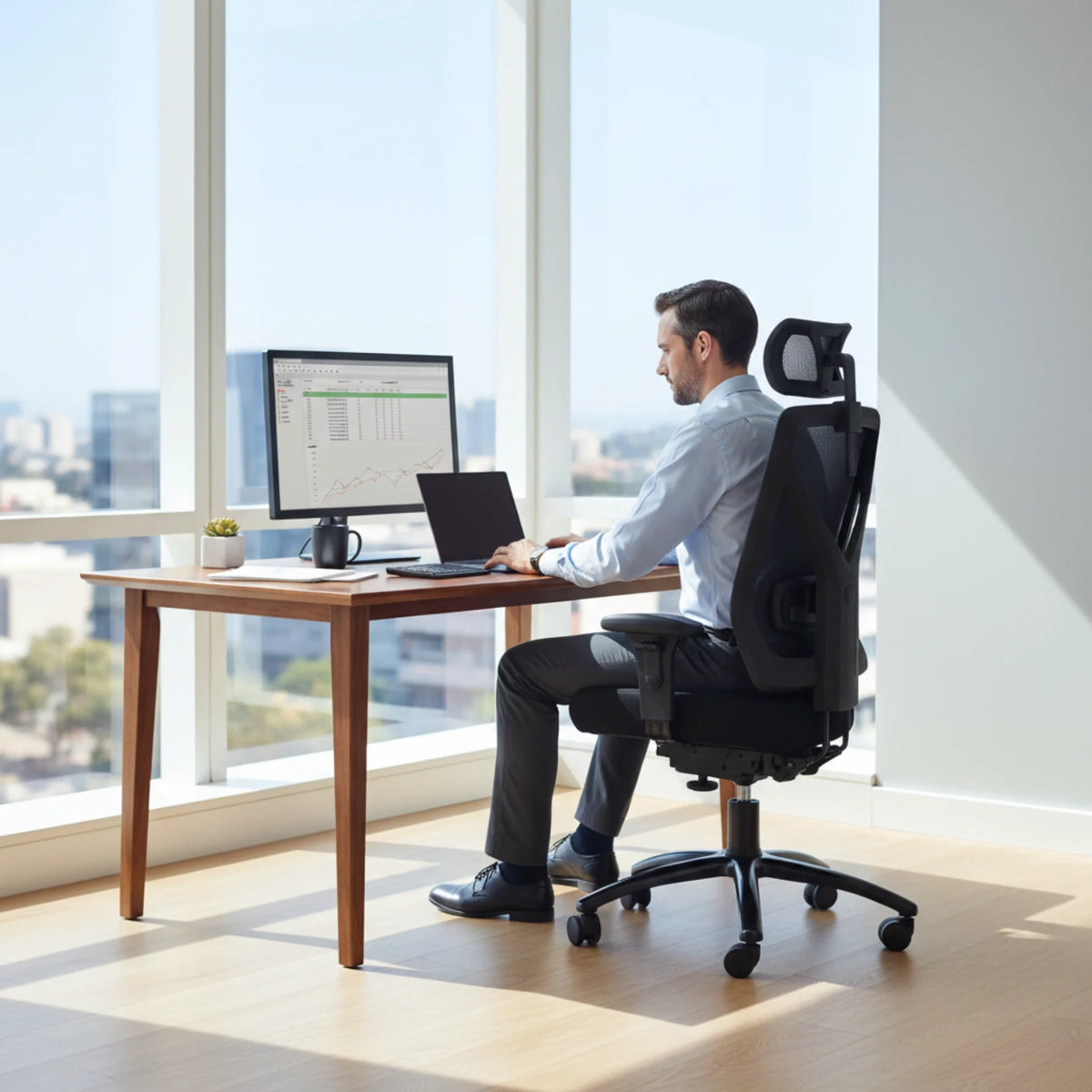 Slika prikazuje ergonomsku uredsku stolicu, točnije model "Titan". Prikazuje muškarca koji sjedi za radnim stolom s prijenosnim računalom i velikim monitorom, radeći u modernom uredskom okruženju s velikim prozorima koji pružaju pogled na grad. Stolica je dizajnirana za udobnost i potporu, ističući njezine ergonomske značajke.