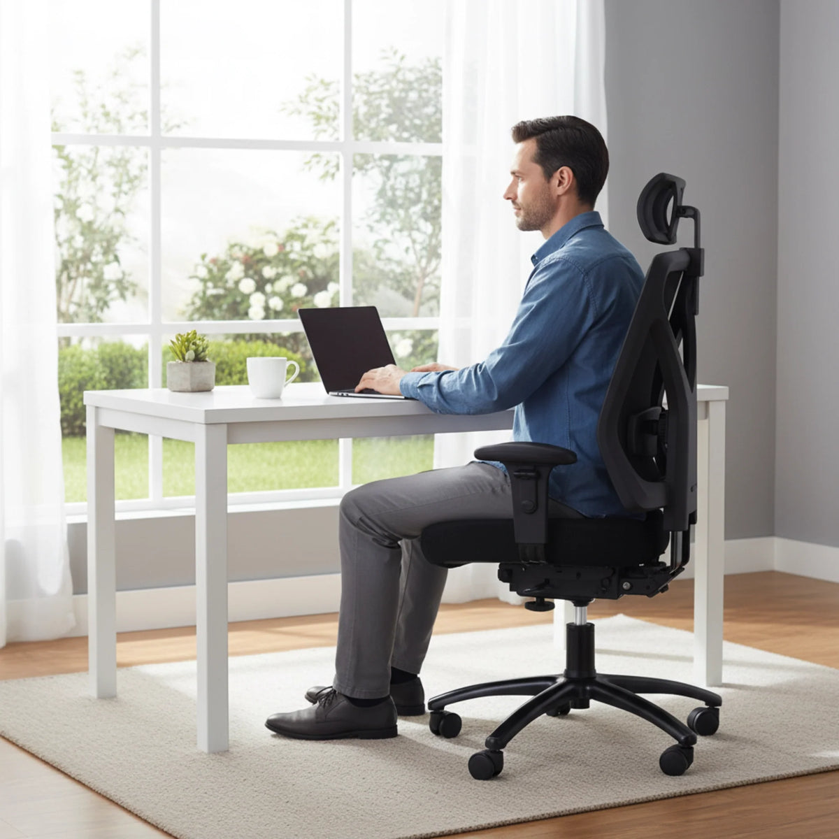 Slika prikazuje ergonomsku uredsku stolicu, točnije model "Titan". Prikazuje muškarca koji sjedi za bijelim radnim stolom i radi na prijenosnom računalu. Okruženje uključuje svijetlu sobu s velikim prozorima, malu biljku u tegli i šalicu, stvarajući ugodnu atmosferu u radnom prostoru.